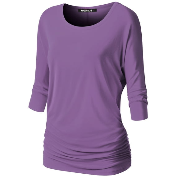 Thanth Womens Dolman Sleeves Boat Neck Solid Shirring Drape Basic Tunic Top