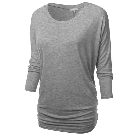 Thanth Womens Dolman Sleeves Boat Neck Solid Shirring Drape Basic Tunic Top