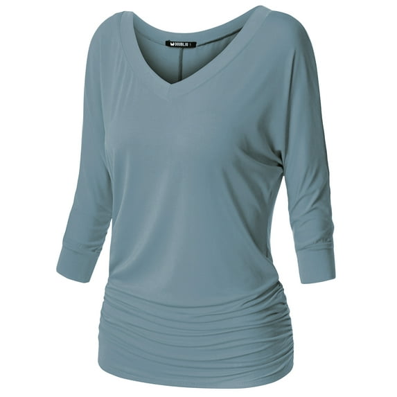 Thanth Womens Dolman Sleeves V-Neck Solid Shirring Drape Basic Tunic Top