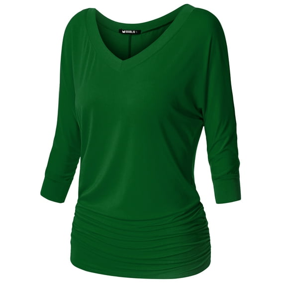 Thanth Womens Dolman Sleeves V-Neck Solid Shirring Drape Basic Tunic Top
