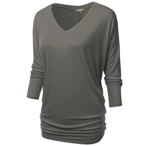 Thanth Womens Dolman Sleeves V-Neck Solid Shirring Drape Basic Tunic Top