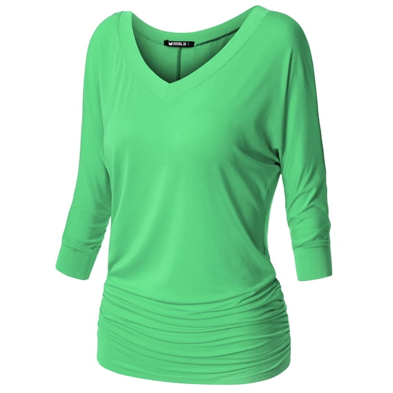 Thanth Womens Dolman Sleeves V-Neck Solid Shirring Drape Basic Tunic Top