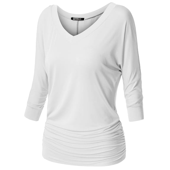 Thanth Womens Dolman Sleeves V-Neck Solid Shirring Drape Basic Tunic Top