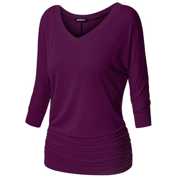 Thanth Womens Dolman Sleeves V-Neck Solid Shirring Drape Basic Tunic Top