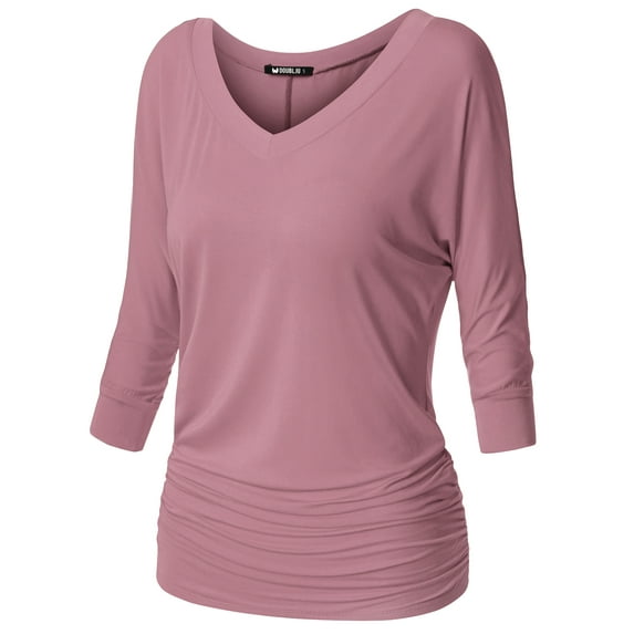 Thanth Womens Dolman Sleeves V-Neck Solid Shirring Drape Basic Tunic Top