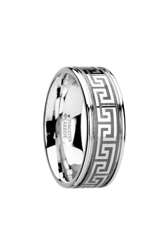 Thasos Grooved Tungsten Carbide Wedding Band With Greek Key Meander Design