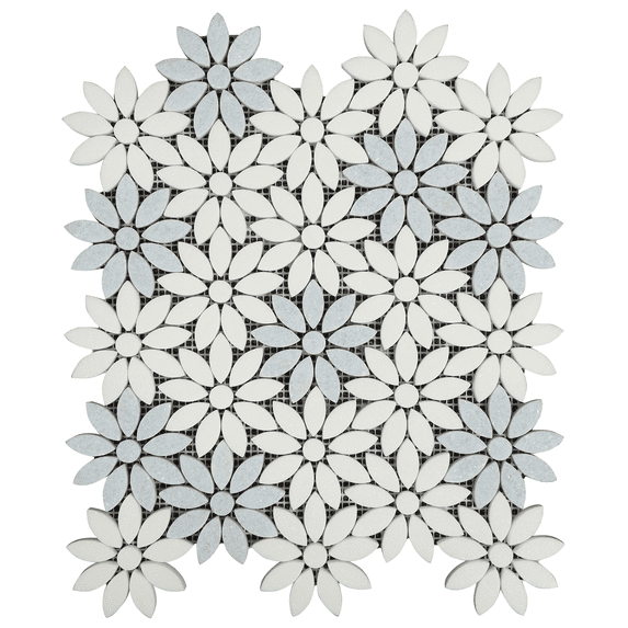 Thassos White & Blue Celeste Marble Daisy Waterjet Mosaic Wall & Floor Tile – Case (10 Sheets)