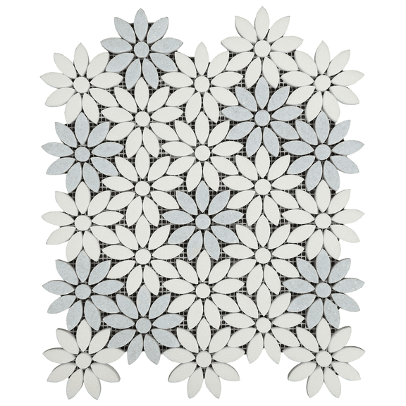 Thassos White & Blue Celeste Marble Daisy Waterjet Mosaic Wall & Floor Tile Case (10 Sheets)