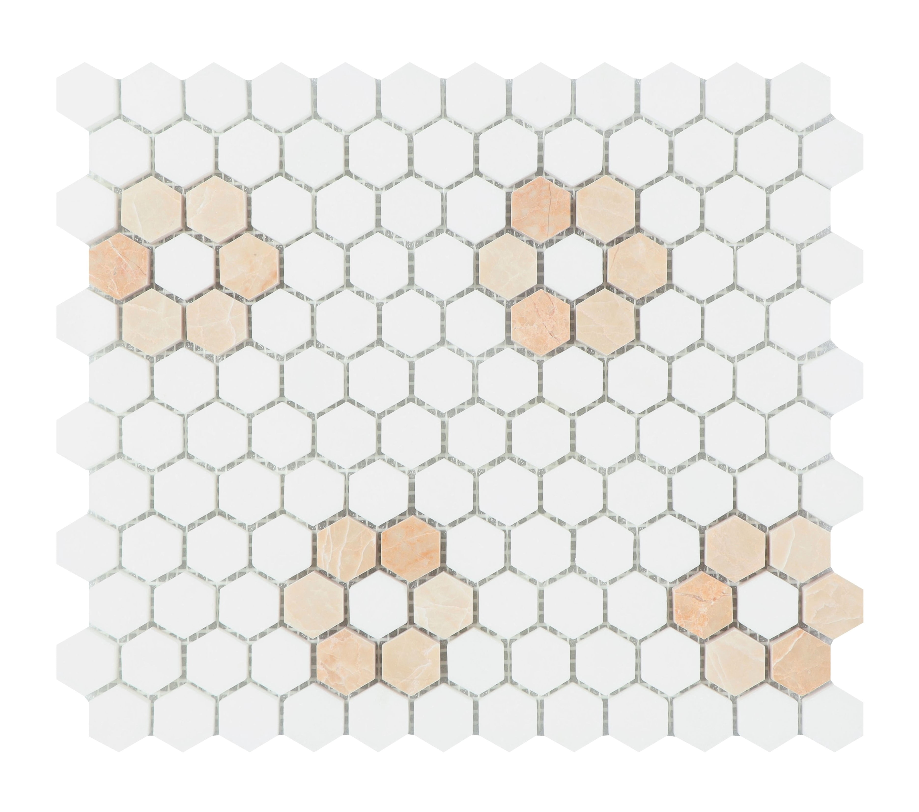 Thassos White and Peach 1" x 1" Marble Honeycomb Mosaic Wall & Floor Tile - Case (10 Sheets)