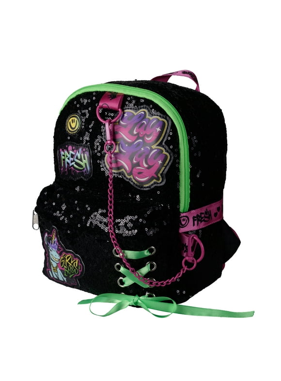 That Girl LayLay Mini Backpack PURSE for Girls, 10 inch, Sequin Material with Lace Up Grommet Details & Appliqued Patches, Adjustable Shoulder Straps, Light Weight Travel bag for kids