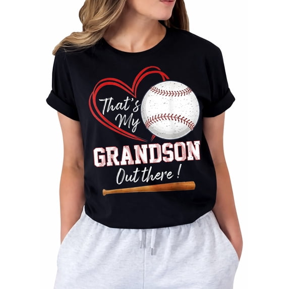 That's My Grandson Out There Baseball Grandma Graphic T-Shirt for Women, Casual Short Sleeve Crew Neck Tee