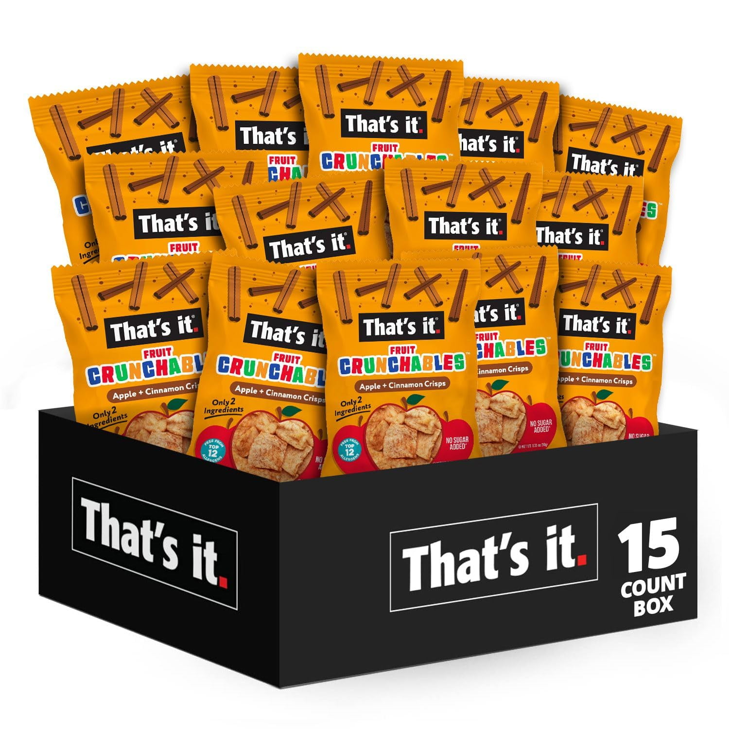 That’s it. Fruit Crunchables MFF30 Apple + Cinnamon Crisps, 100% Plant-Based Fruit Snacks for Kids, Non-GMO, Gluten-Free, No Added Sugar, Allergen-Free, Healthy Lunchbox Snack for Kids & Adults