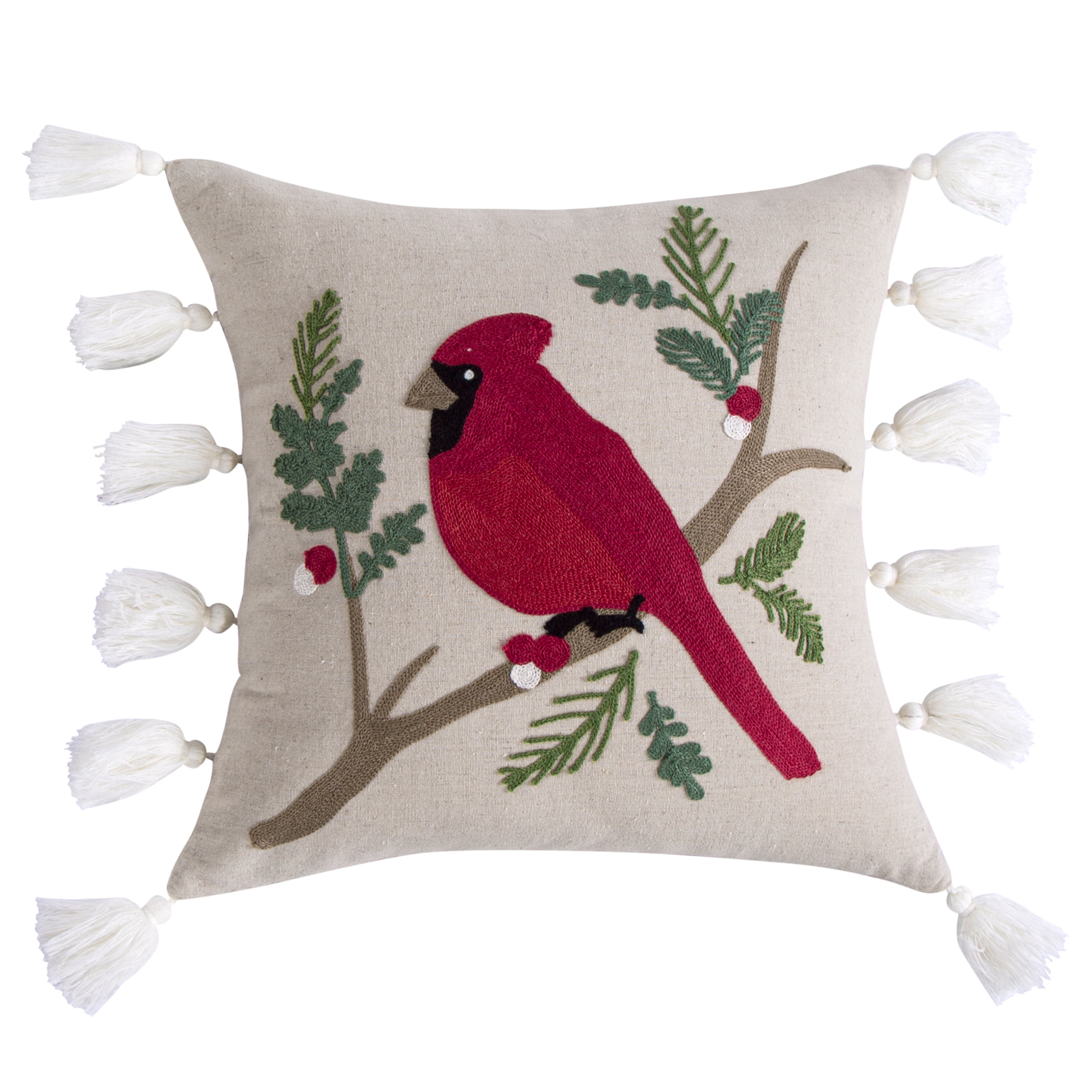 Embroidered Cardinal Bird Faux Linen Tassel Pillow 18x18