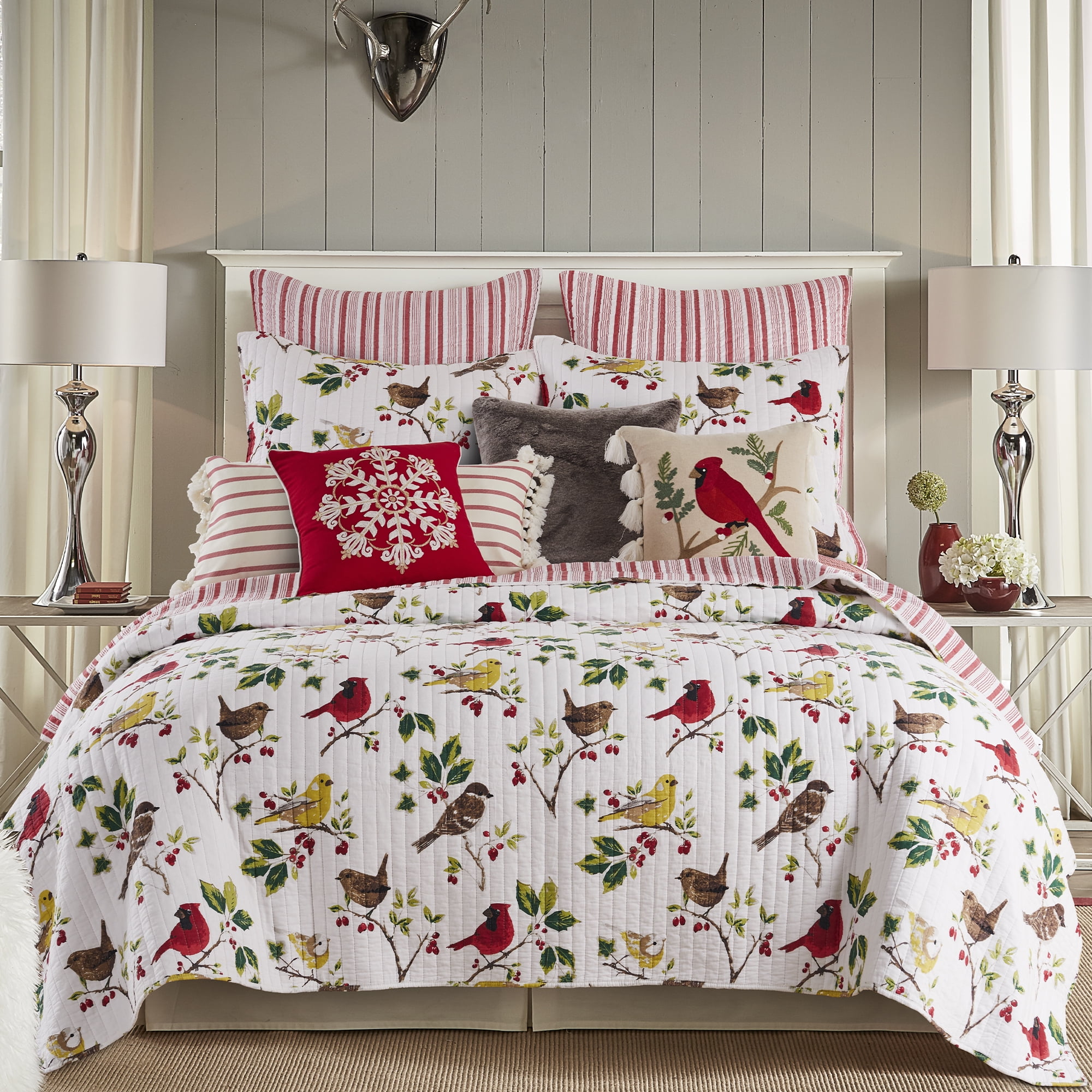 Joy Birds Reversible Red and White Microfiber Full/Queen Quilt Set