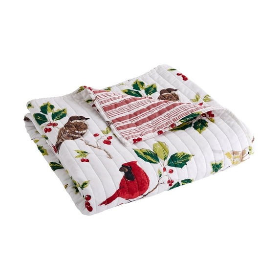 Thatch Home by Levtex Home - Joy Birds Quilted Throw - (50x60n.) - Birds and Holly - Red, Green, Citron, Taupe, Brown - Reversible