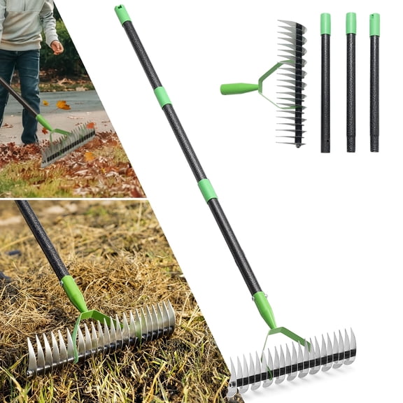 FENHRTVM Thatch Rake, 13" Wide Efficient Dethatcher Rake with 55" Adjustable Long Handle, Heavy Duty Steel Metal Dethatching Rakes for Cleaning Dead Grass, Loosening Soil, Lawn Care in Yard Garden