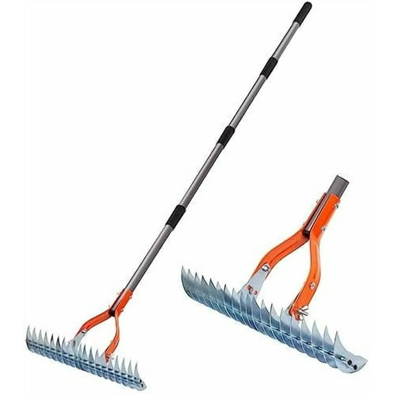 Thatch Rake, 15-Inch Lawn Thatching Rake, Robust Rake, Steel Metal Rake with Handle, Versatile Grass Grooming Rake