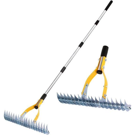 Thatch Rake 15 Inch Wide Efficient Dethatcher Rake for Cleaning Dead Grass, Combs Turf & Loosens Soil, Steel Metal Grass Rakes with Stainless Steel Handle Versatile Leveler &Cleans for Garden