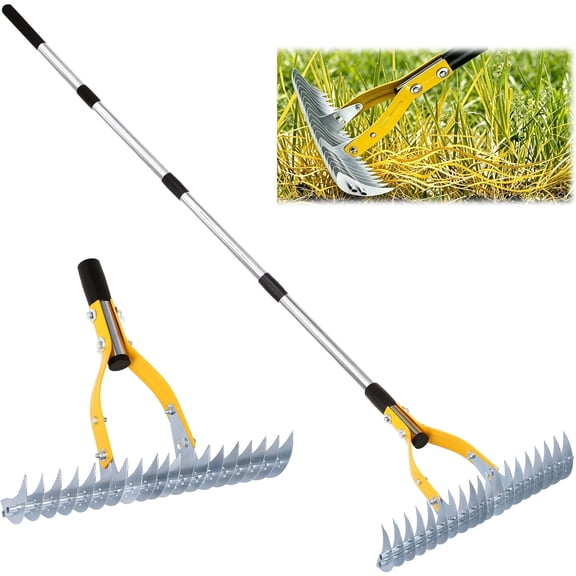 Thatch Rake 15 Inch Wide Efficient Dethatcher Rake for Cleaning Dead Grass, Combs Turf & Loosens Soil, Steel Metal Grass Rakes with Stainless Steel Handle Versatile Leveler &Cleans for Garden