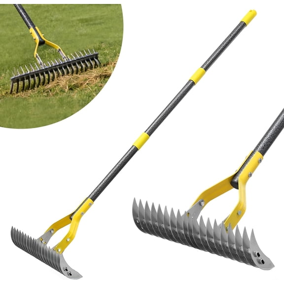 Thatch Rake, 15-Inch Wide Manual Dethatcher Rake for Cleaning Dead Grass, Loosening Soil, 55" Efficient Steel Metal Dethatching Rake with Long Adjustable Handle, Thatch Rakes for Lawns, Yard,