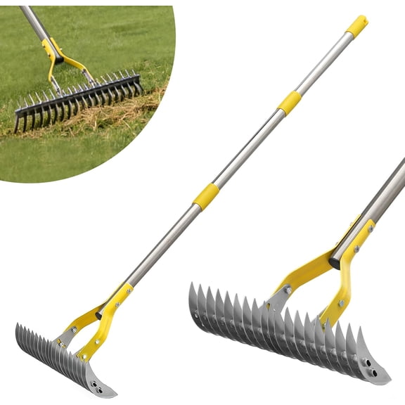 Thatch Rake, 15-Inch Wide Manual Dethatcher Rake for Cleaning Dead Grass, Loosening Soil, Efficient Stainless Steel Dethatching Rake with Long Adjustable Handle, Thatch Rakes for Lawns, Yard, Garden