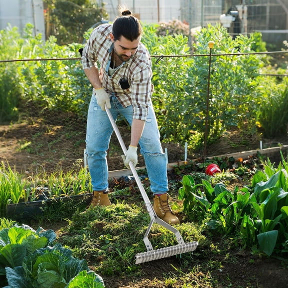 Thatch Rake 20-Inch Wide Lawn Dethatcher with Long Handle & Curved Tines for Efficient Grass Removal