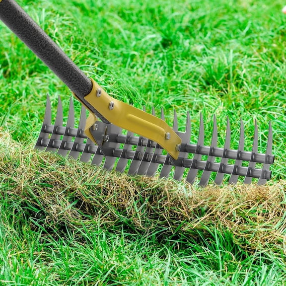 Thatch Rake, 51" Heavy Duty Metal Dethatcher Rake with 15" Wide Double-Edged Sharp Tines Thatch Rakes for Lawns,Dead Grass Removal,Soil Loosening,Lawn Care, Dethatching,Yard,Garden