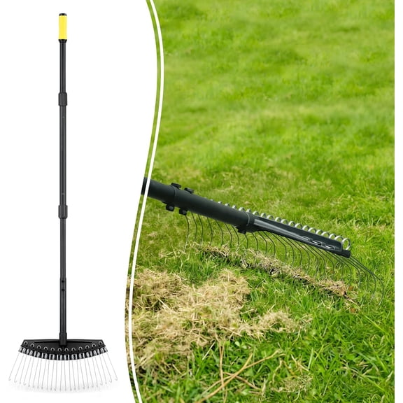 Thatch Rake, Dethatcher Rake with Thin, Curved Spring Steel Tines, Dethatching Thatching Rake for Lawns with 61 Steel Handle, Lawn Tine Rakes for Pine Needles, Dead Grass, Garden Debris