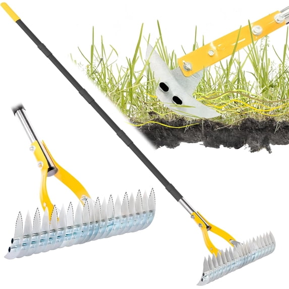 Thatch Rake for Lawn with 74inch Handle, 15 inch Dethatcher Rake for Grass to Cleaning Dead Grass, Efficient Steel Metal Rake for Dethatching, Heavy Duty Thatching Rakes for Garden, Yard