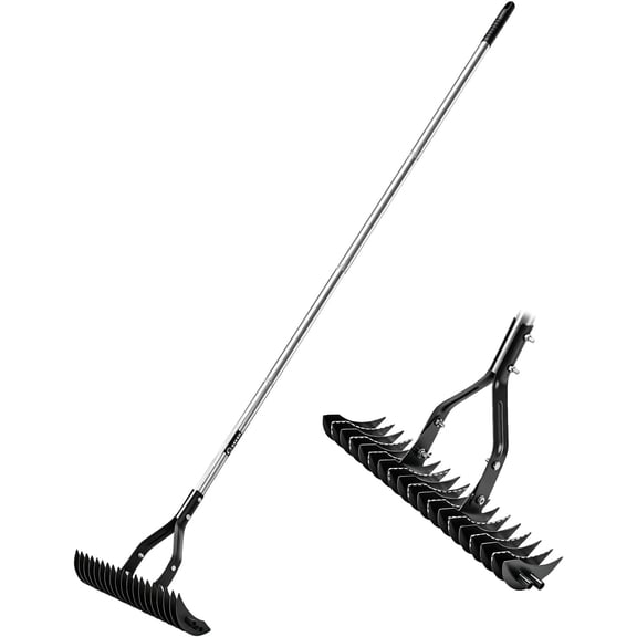 Thatch Rake for Lawn Dethatching, 15" Heavy Duty Thatching Rake with 71" Adjustable Long Handle, 19 Dual-Side Steel Tines, Metal Turf Rake for Grass, Soil, Yard & Garden Lawn Care