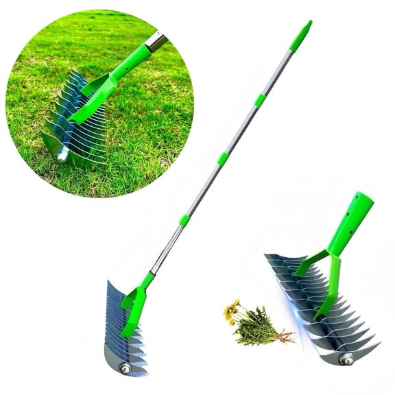 Merryhome 12.8In Thatch Rake for Lawns,Durable Efficient Dethatcher Rake with Adjustable Long Handle-70In,Stainless Steel Garden Rake for Raking Leaves,Dead Grass,Loosening Soil