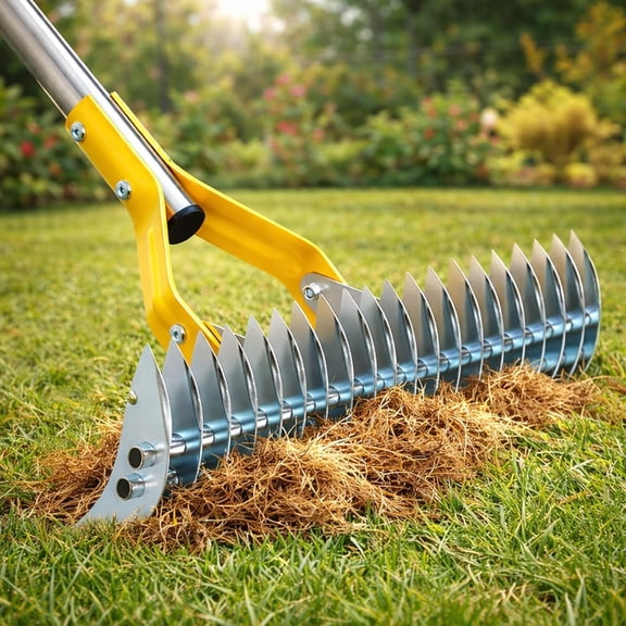 Thatch Rake for Lawns - 15" Heavy Duty Dethatching Rake with Sharp Carbon Steel Tines, 2-in-1 Manual Dethatcher & Scarifier for Dead Grass, Moss & Thatch Removal, 55" Adjustable Long Handle