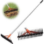 CKLT 15-Inch Dual-Sided Thatch Rake, 18 Tempered Spring Steel Tines Dethatcher with 62.5" Adjustable Stainless Steel Handle
