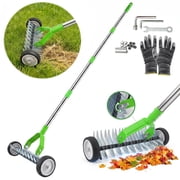 Thatch Rake with Wheels,37-65.35 Adjustable Dethatching Roller Rake,Adjustable 0-12  Angle Stainless Steel Blades Heavy Duty Dethatcher,21 Tines Garden Rake for Moss,Grass,Leaves,DebrisGreen