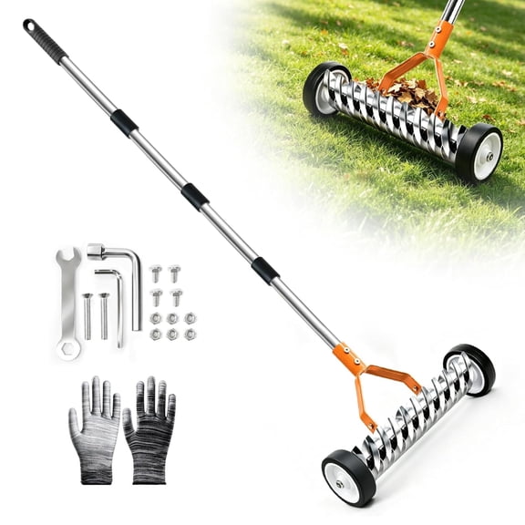 Thatch Rake with Wheels, 65.4 in Stainless Steel Lawn Dethatcher Rake, Orange and Silver
