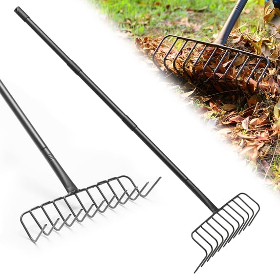 Garden Rake Adjustable Handle Extends 36" to 51" with 15.6" Wide Rake Head & 11 Steel Tines, Heavy Duty Thatch Rake for Leaves, Grass, Mulch & Pine Needles Ergonomic Yard Cleanup Tool for Lawn & Gar