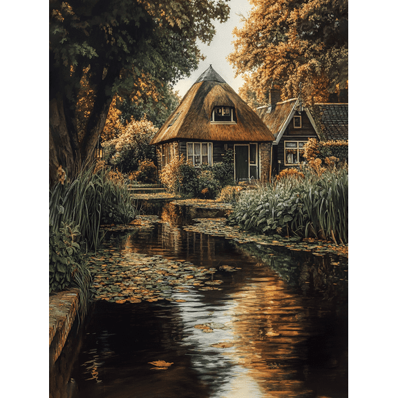 Thatched Cottage Canal Scene Wall Art/Canvas PrintSuitable for Living RoomBedroomDining RoomOfficeHotel Decoration