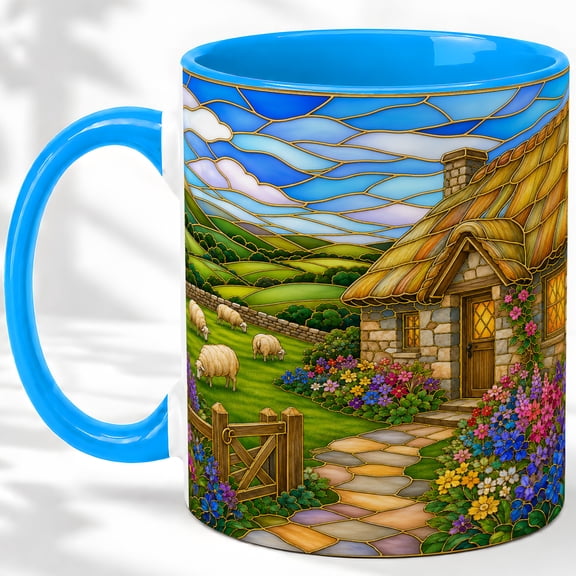 Thatched Cottage Coffee Mug, Sheep Meadow Art, Countryside Tea Sips at Home