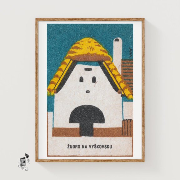 Thatched Roof Barn Matchbox Art Print Czech Vintage Folk Art (Nostalgic Decor)