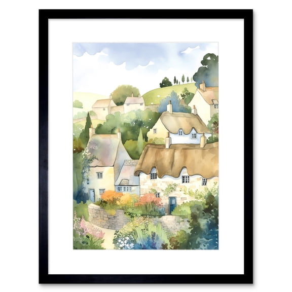 Thatched Roof Cottage House Village in Soft Pastel Colours Modern Watercolour Painting Artwork Framed Wall Art Print 9X7 Inch