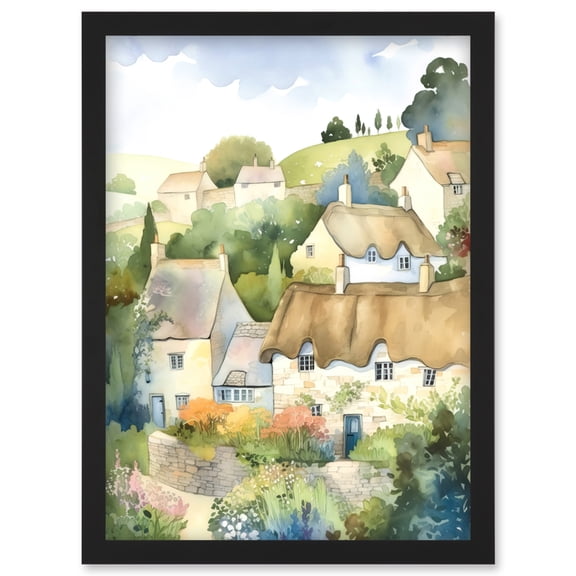 Thatched Roof Cottage House Village in Soft Pastel Colours Modern Watercolour Painting Artwork Framed Wall Art Print A4