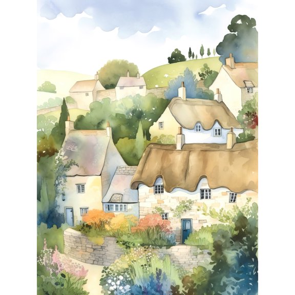 Thatched Roof Cottage House Village in Soft Pastel Colours Modern Watercolour Painting Extra Large XL Wall Art Poster Print