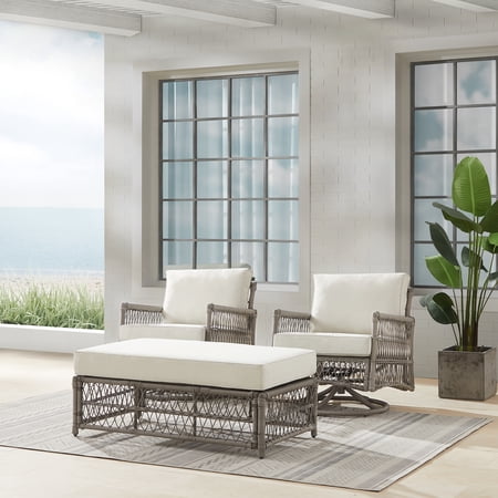 Thatcher 3Pc Outdoor Wicker Swivel Rocker And Ottoman Set Creme/Driftwood - Coffee Table Ottoman & 2 Swivel Rockers