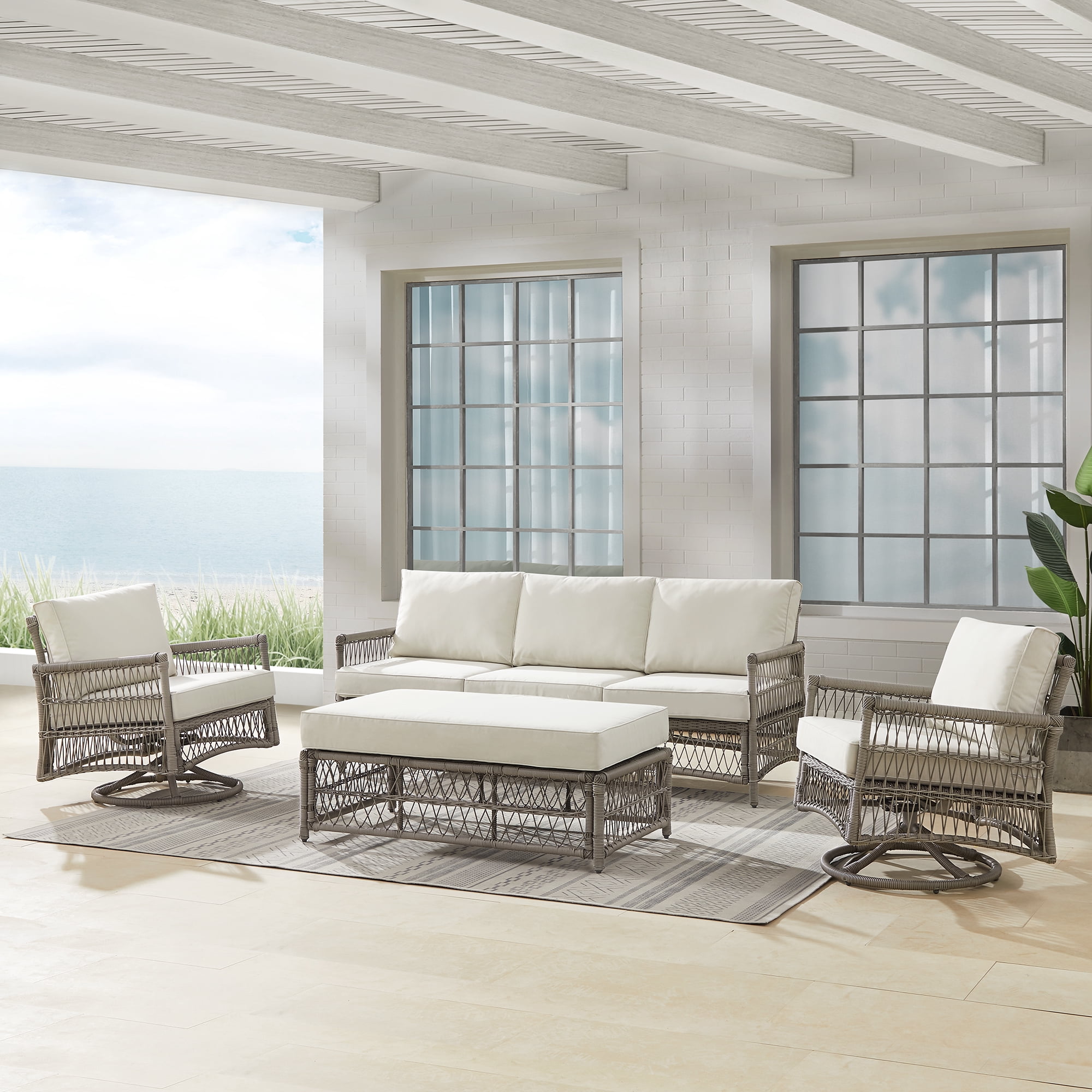 Thatcher 4Pc Patio Furniture Set - Outdoor Wicker Swivel Rocking Chair, Sofa & Coffee Table ...