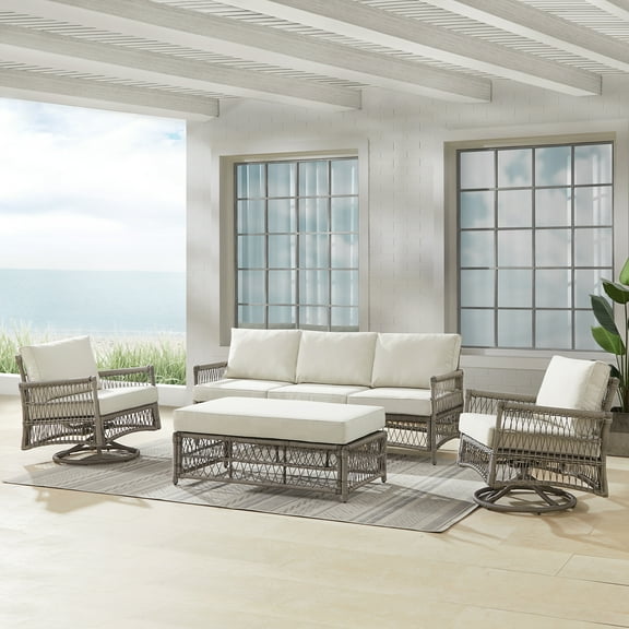 Thatcher 4Pc Outdoor Wicker Swivel Rocker And Sofa Set Creme/Driftwood - Coffee Table Ottoman, Sofa, & 2 Swivel Rockers