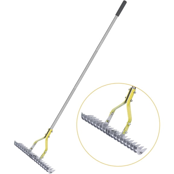 Thatching Rake 15-Inch Wide for Cleaning Dead Grass Efficient Steel Metal Grass Rake with Stainless Steel Handle Lawn loosening Soil 58.5-Inch Length