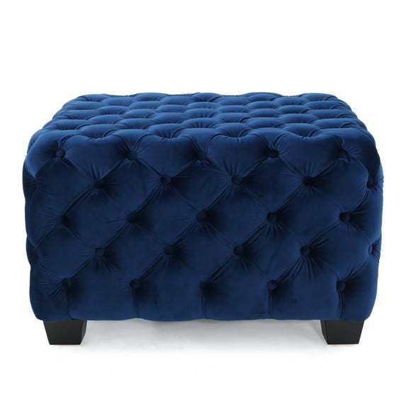 Thaurin Modern Glam Button Tufted Velvet Ottoman, Navy Blue and Dark Brown