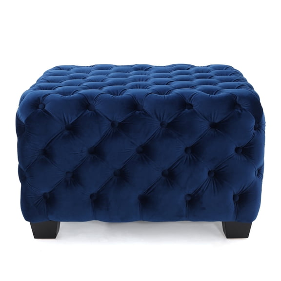 Thaurin Modern Glam Button Tufted Velvet Ottoman, Navy Blue and Dark Brown