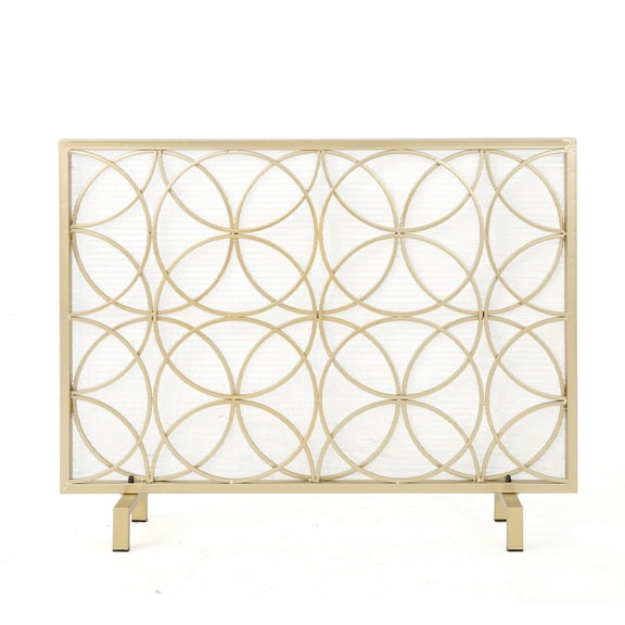 Thayer Single Panel Iron Fireplace Screen, Gold Finish, Overlapping Circle Pattern, 41.1" W x 31.1" H Fire Spark Guard