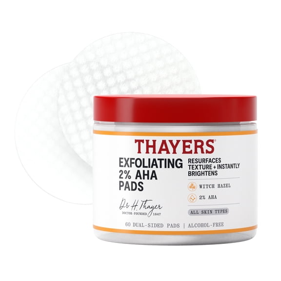 THAYERS Exfoliating 2% AHA Toner Pads, Dual-Sided Exfoliating Pads with Witch Hazel, Glycolic Acid, Lactic Acid to Resurface Skin Texture and Instantly Brighten, For All Skin Types, 60 Count